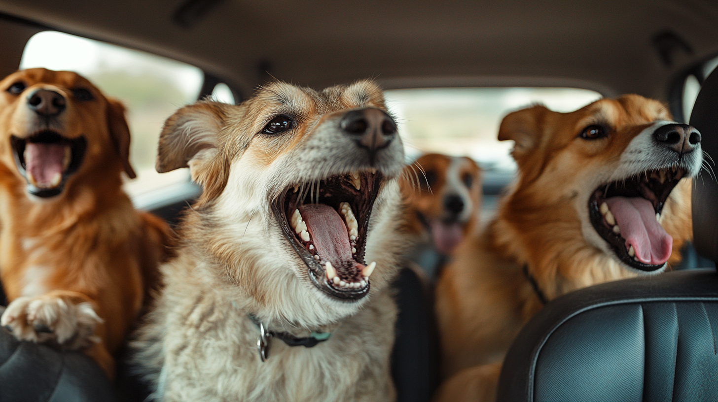 lots of dogs having fun in a car!